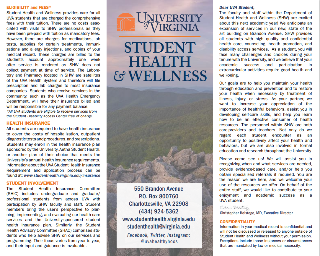 First page of Student Health & Wellness brochure