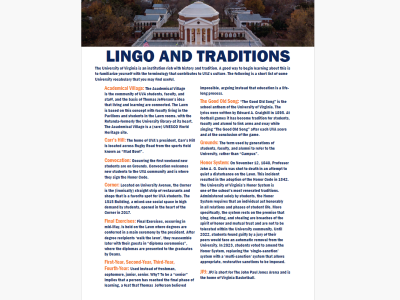 Front side detailing lingo and traditions at the University of Virginia.