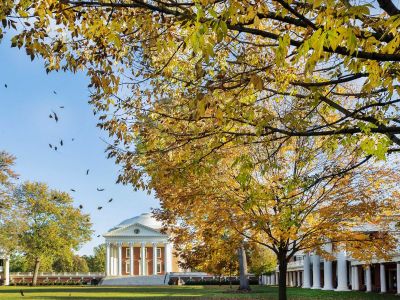 Fall leaves falling on the Lawn with Rotunda background